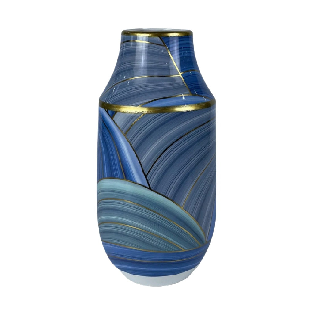Elegant Blue and Gold Decorative Vase - Artistic Wavy Design